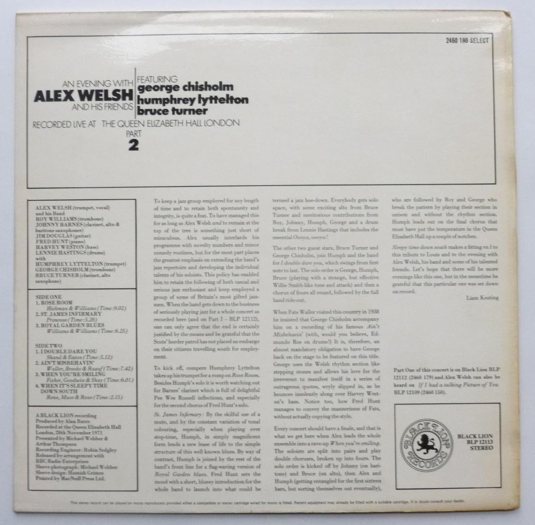 Alex Welsh An Evening With Alex Welsh And His Friends Part 2 LP Black Lion 2460180 EX/EX 1972 with George Chisholm, Humphrey Lyttelton and Bruce Turner - Image 2
