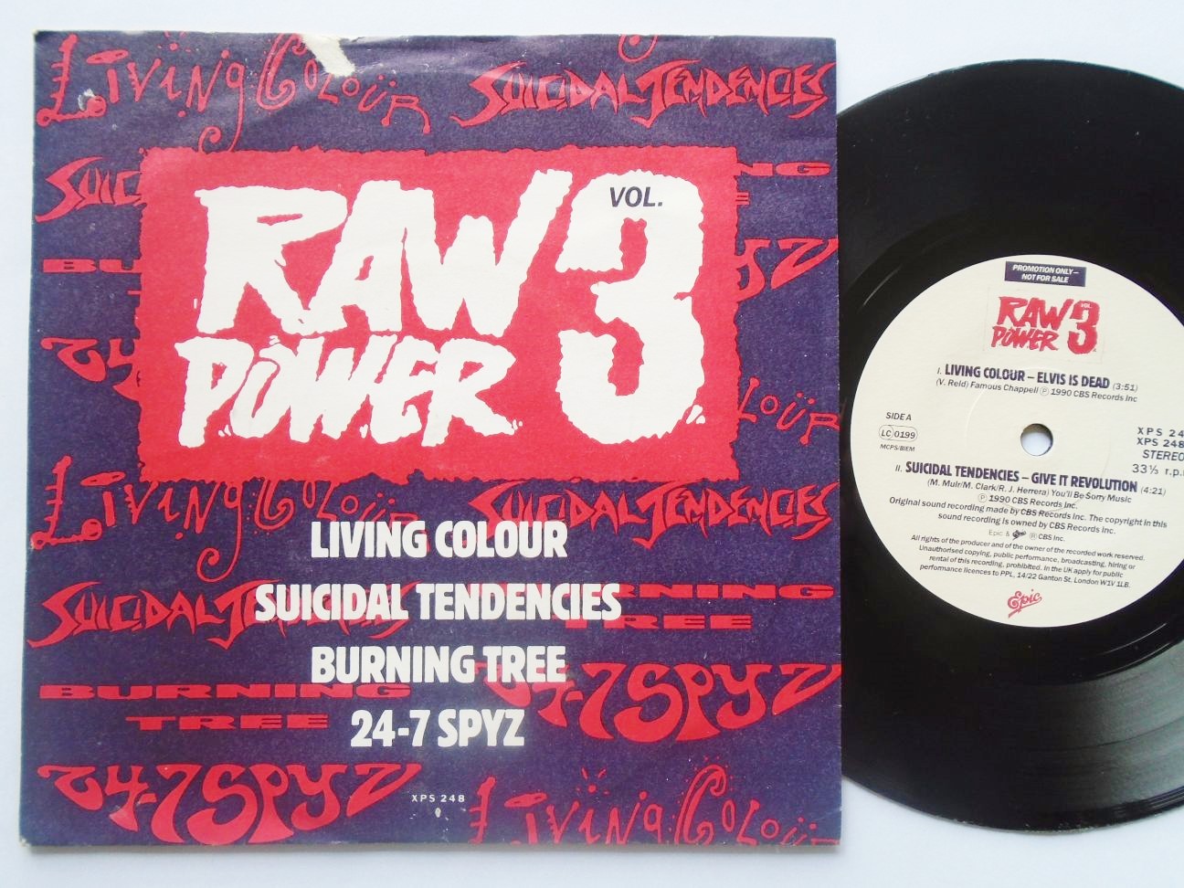 Raw Power Vol 3 EP Epic XPS248 EX/EX 1990 picture sleeve, with Suicidal Tendencies, 24-7 Spyz, Living Colour & Burning Tree
