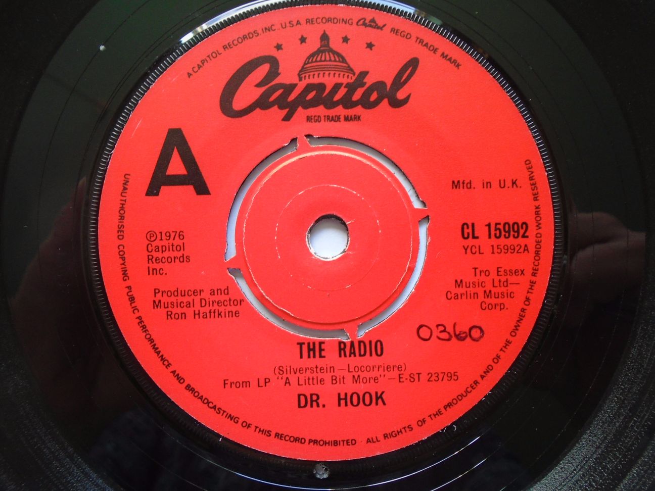 Dr Hook The Radio 7" Capitol CL15992 EX 1977 there is handwritten number on label and 2mm drill hole in label rim