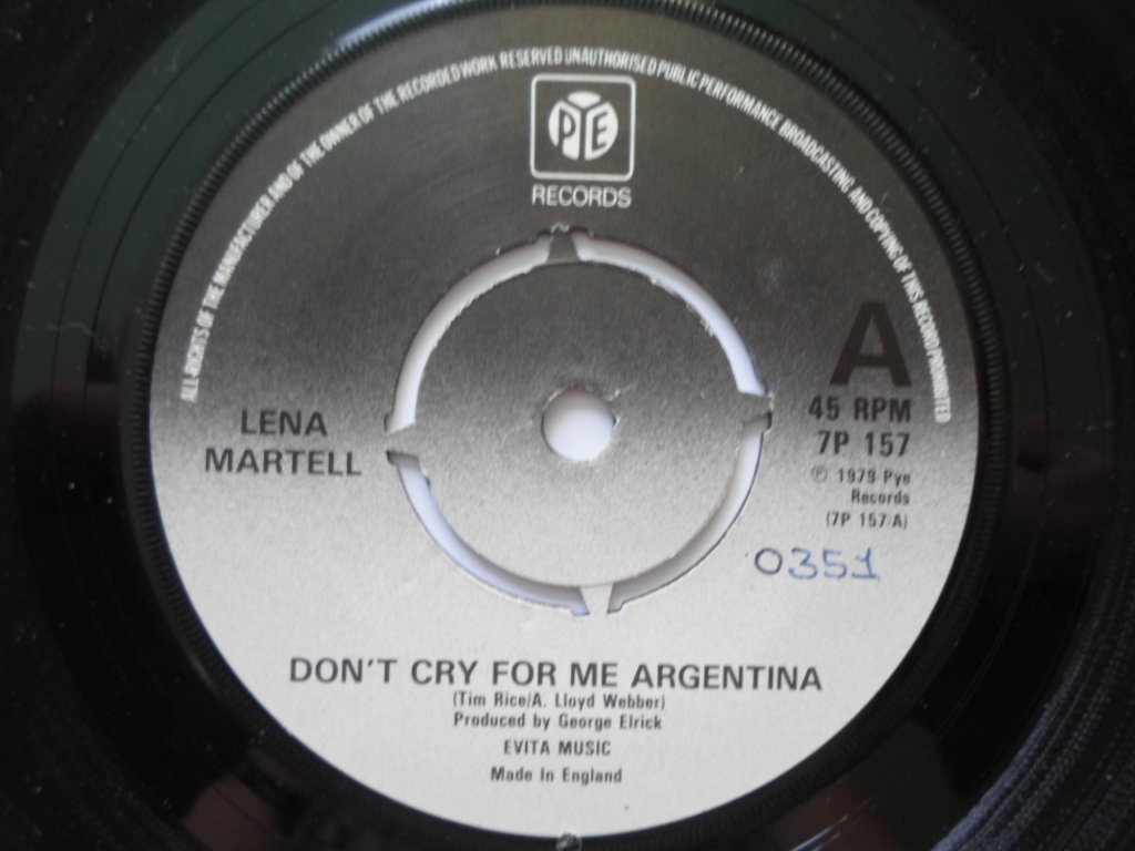 Lena Martell Don't Cry For Me Argentina 7" Pye 7P157 EX 1979 there is 2mm drill hole in label rim and handwritten number on label