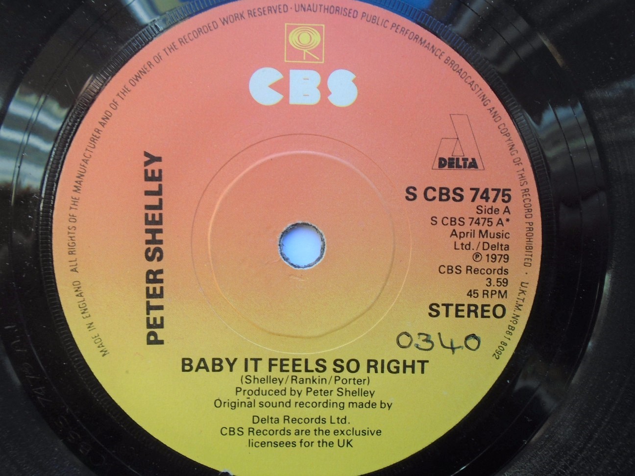 Peter Shelley Baby It Feels So Right 7" CBS SCBS7475 EX 1979 there is handwritten number on label and 2mm drill hole in label rim