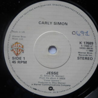 Carly Simon Jesse 7" Warner Bros K17689 EX 1980 there is handwritten number on label and 2mm drill hole in label rim