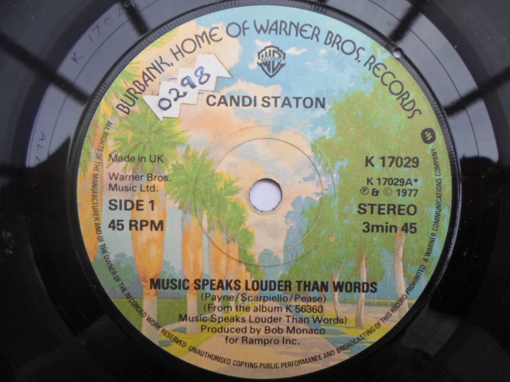 Candi Staton Music Speaks Louder Than Words 7" Warner Bros K17029 EX 1977 there is handwritten number on label and 2mm drill hole in label rim