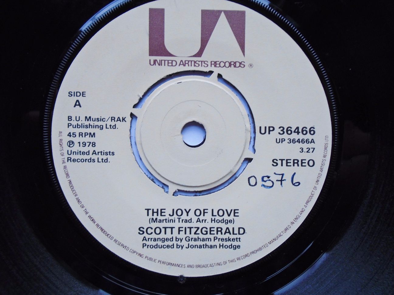 Scott Fitzgerald The Joy Of Love 7" United Artists UP36466 EX 1978 there is handwritten number on label and 2mm drill hole in label rim