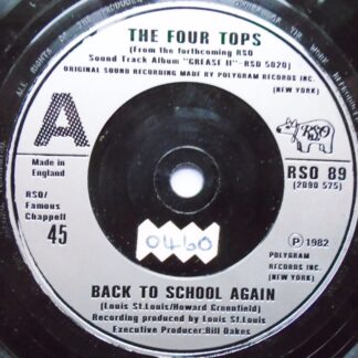 Four Tops Back To School Again 7" RSO RSO89 EX 1982 b-side by the Cast, there is 2mm drill hole in label rim