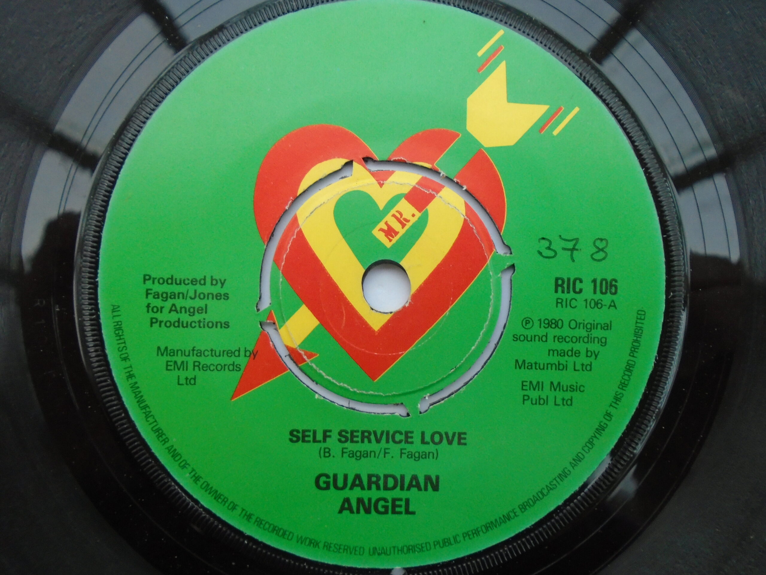 Guardian Angel Self Service Love 7" Matumbi RIC106 VG 1980 there is handwritten number on label and 2mm drill hole in label rim