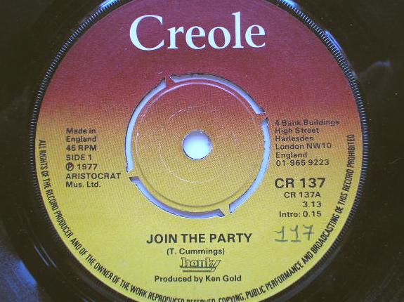 Honky Join The Party 7" Creole CR137 EX 1977 there is handwritten number on label and 2mm drill hole in label rim