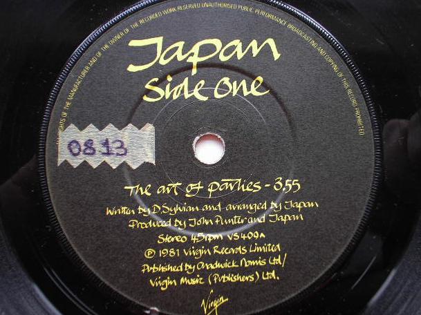 Japan The Art Of Parties 7" Virgin VS409 EX 1981 there is handwritten number on label and 2mm drill hole in label rim