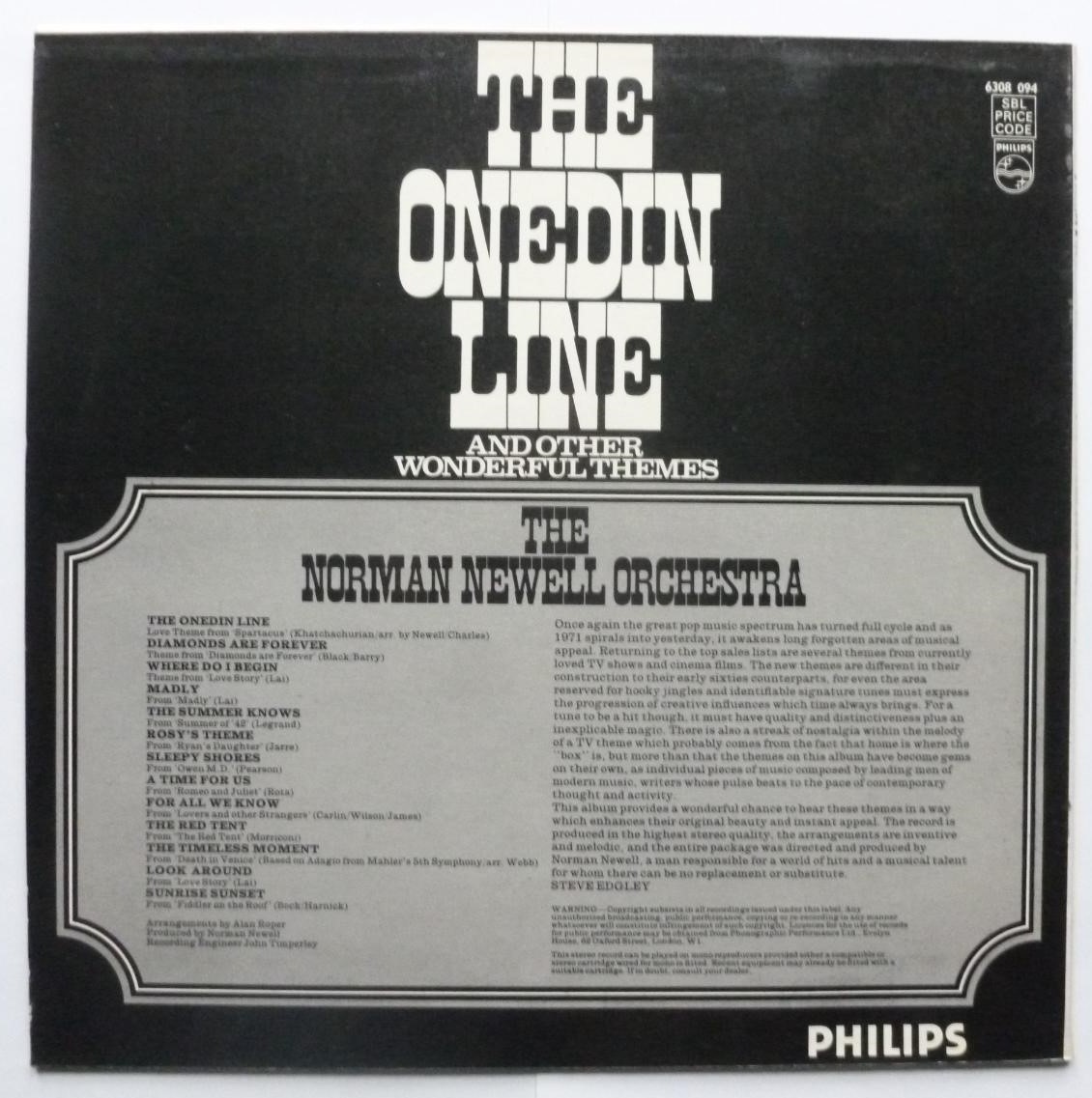 Norman Newell The Onedin Line And Other Wonderful Themes LP Philips 6308094 EX/EX 1972 blue label, Tracks: The Onedin Line, Diamonds Are Forever, Where Do I Begin, Madly, The Summer Knows, Rosys Theme, Sleepy Shores, A Time For Us, For All We Know, The Red Tent, The Timeless Moment, Look Around, S - Image 2