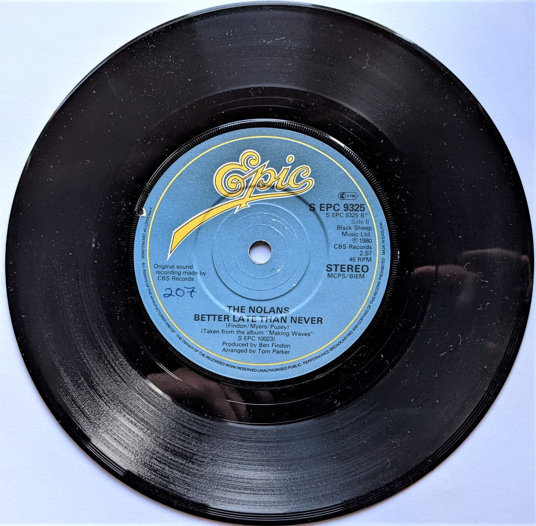 Nolan Sisters Who's Gonna Rock You 7" Epic EPC9325 EX 1980 there is writing on the label and a 2mm drill hole in label rim, as The Nolans - Image 2