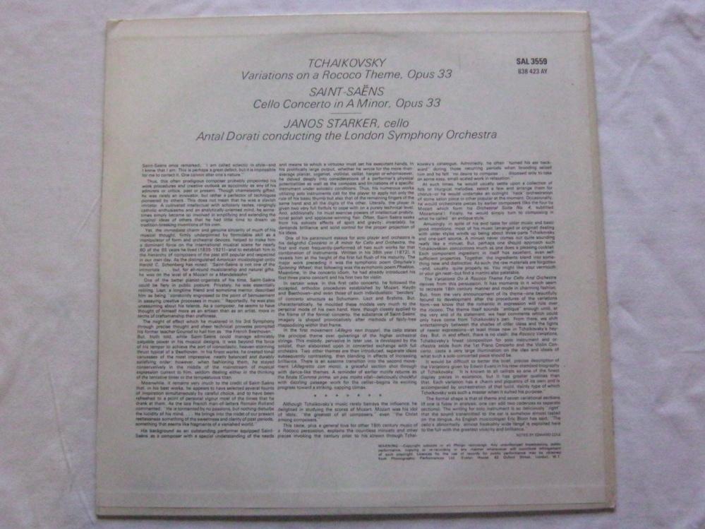 Janos Starker Tchaikovsky Saint Saens LP Philips SAL3559 G/EX 1964 vinyl is only GOOD because there is seven minute audible scratch near the start of side two, otherwise it would be EX-" - Image 4