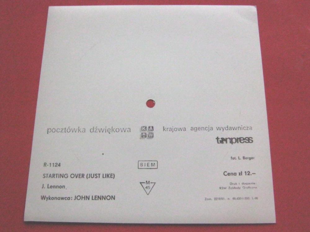 John Lennon Starting Over flexi Tanpress R1124 EX/EX 1980s one-sided postcard flexi in picture sleeve, made in Poland - Image 3