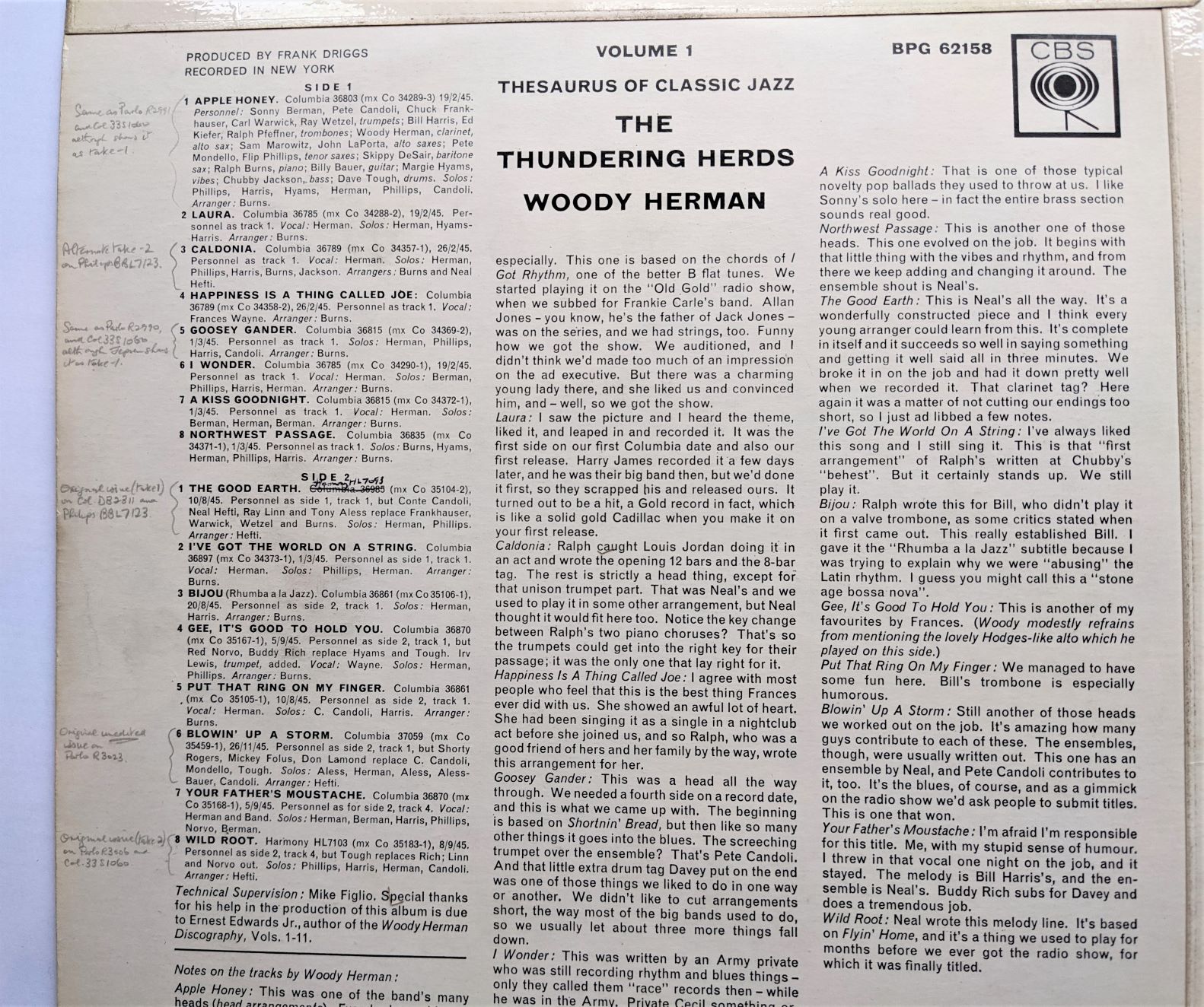 Woody Herman The Thundering Herds Vol 1 LP CBS BPG62158 EX/EX 1963 sleeve has writing on the rear - the tracks are annotated - Image 2
