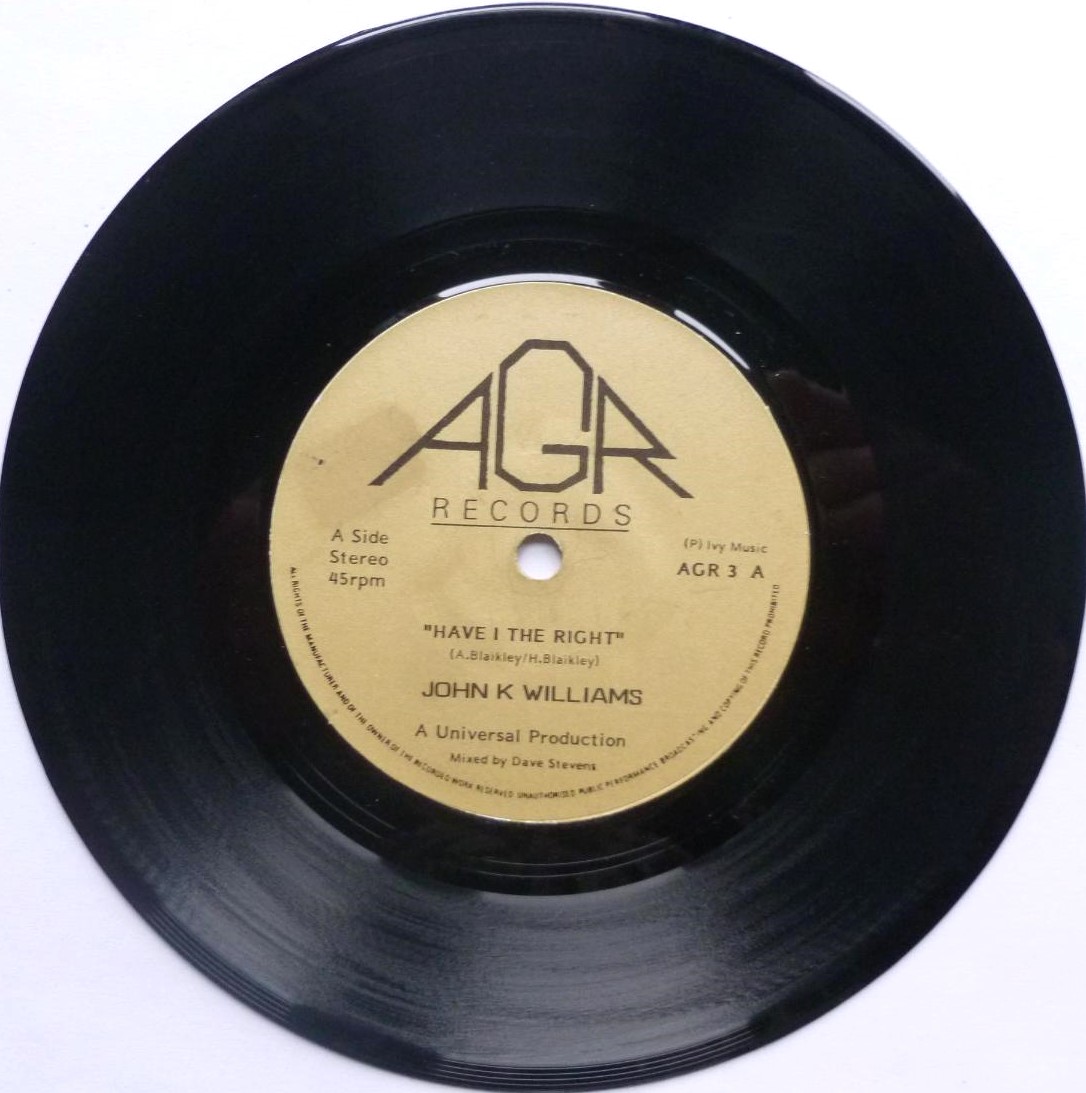 John K Williams Have I The Right 7" AGR AGR3 VG 1970s there are some bits of crackle on the a-side, the b-side plays better with no crackle but there are a few clicks at the very end as the music fades out