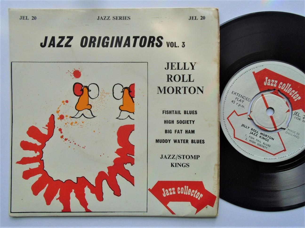Jelly Roll Morton Jazz Originators Vol 3 EP Jazz Collector JEL20 EX/VG 1960s picture sleeve ha small stain at bottom edge on rear