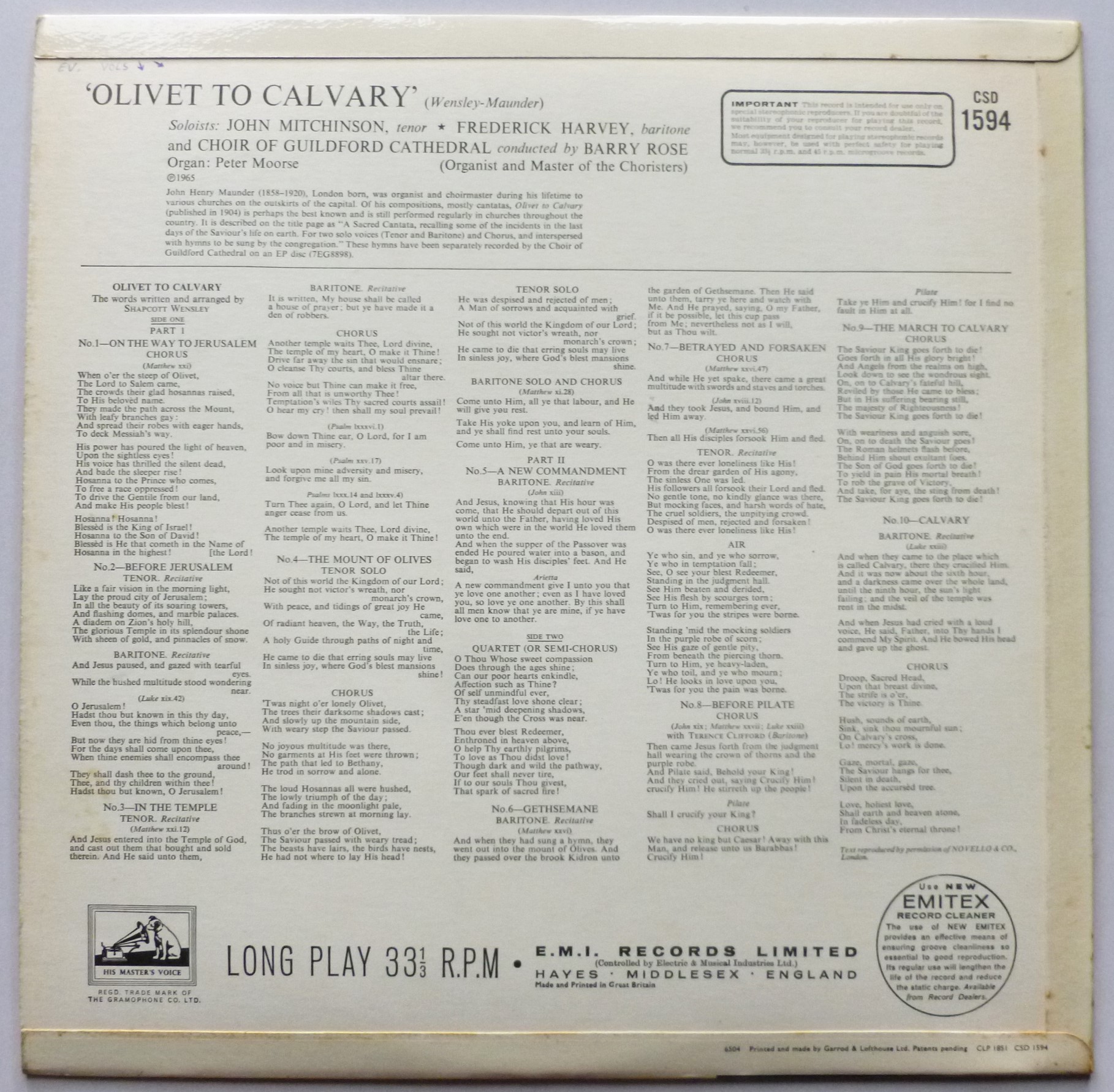 Barry Rose Maunder Olivet To Calvary LP HMV CSD1594 EX/EX 1965 there is very small writing on rear of sleeve at top - Image 2