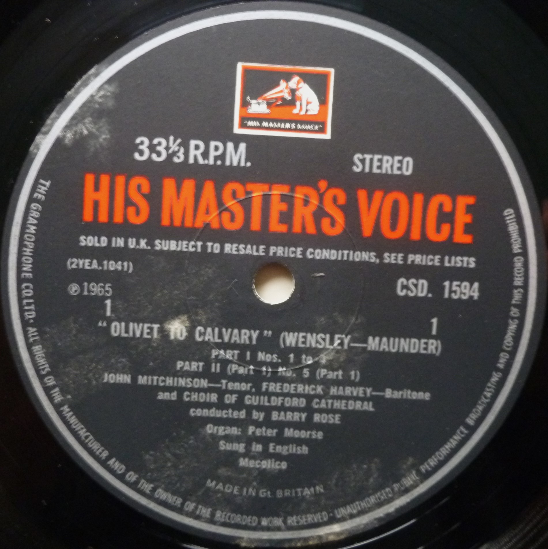 Barry Rose Maunder Olivet To Calvary LP HMV CSD1594 EX/EX 1965 there is very small writing on rear of sleeve at top - Image 3