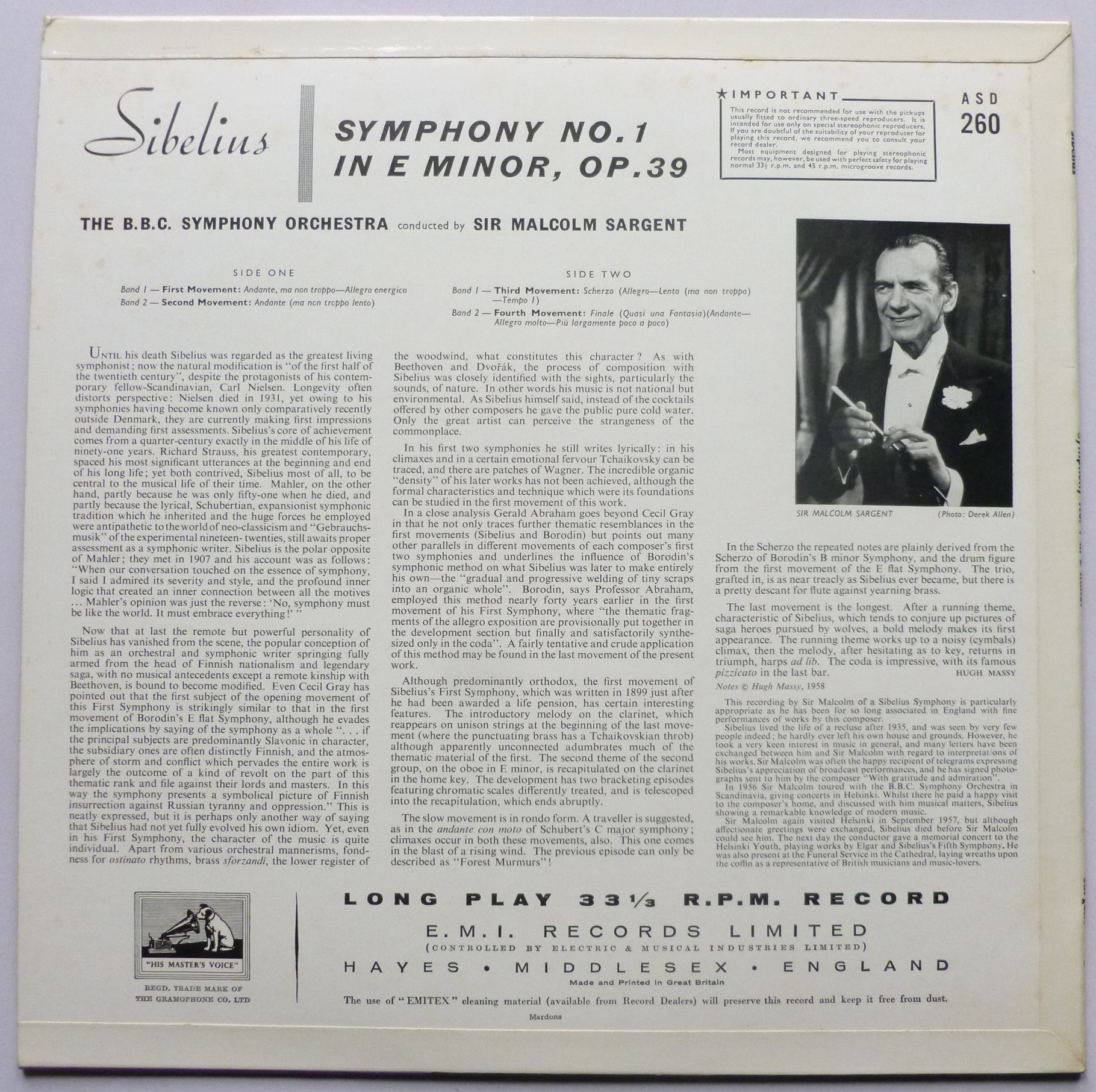 Malcolm Sargent Sibelius Symphony No 1 LP HMV ASD260 EX/EX- 1958 gold cream label - laminate on sleeve is starting to peel at the front opening - Image 2