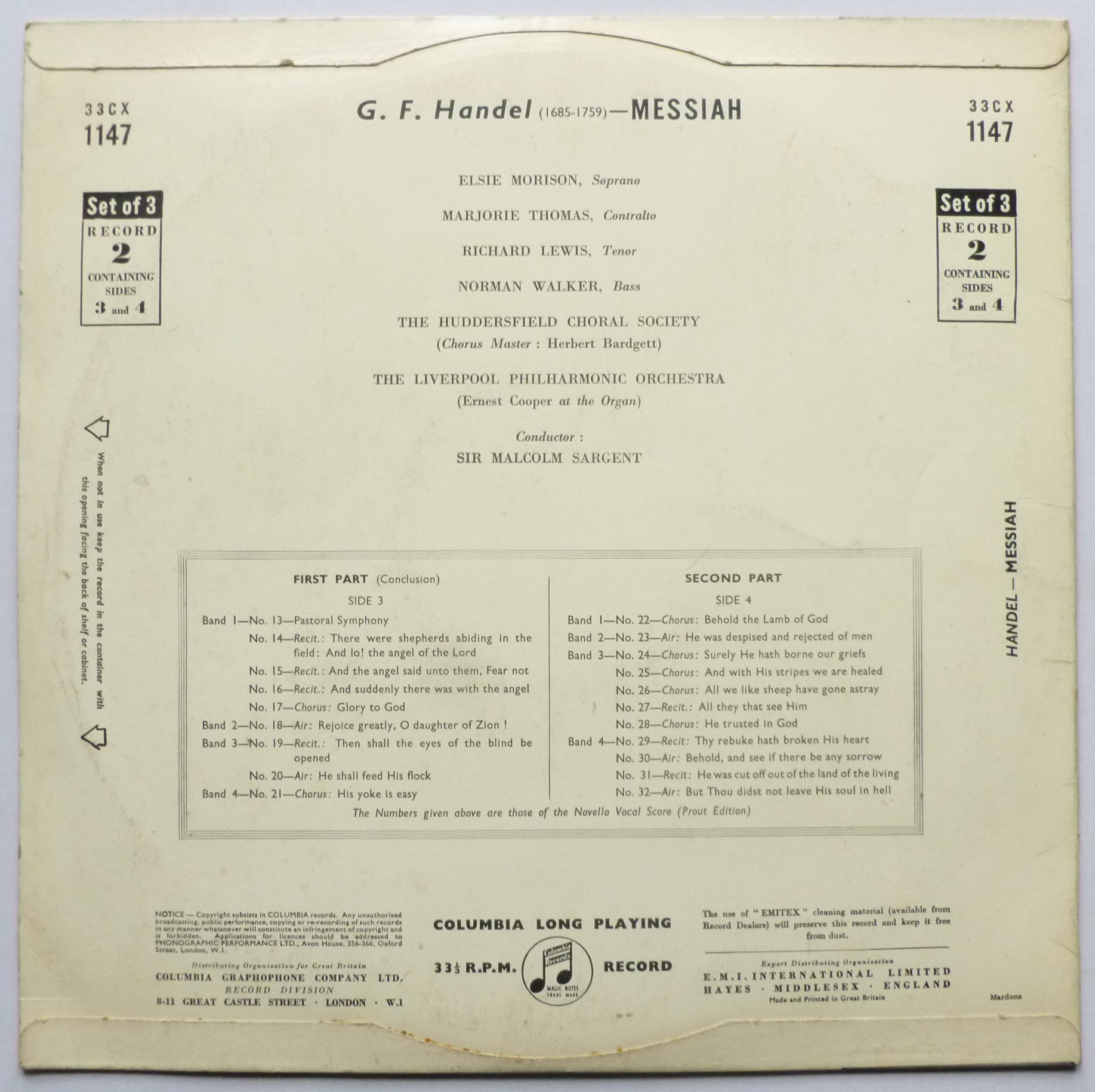 Malcolm Sargent Handel Messiah LP Columbia 33CX1147 EX/VG 1950s record one of a 3-LP set - blue gold label - tassle sleeve - Image 2
