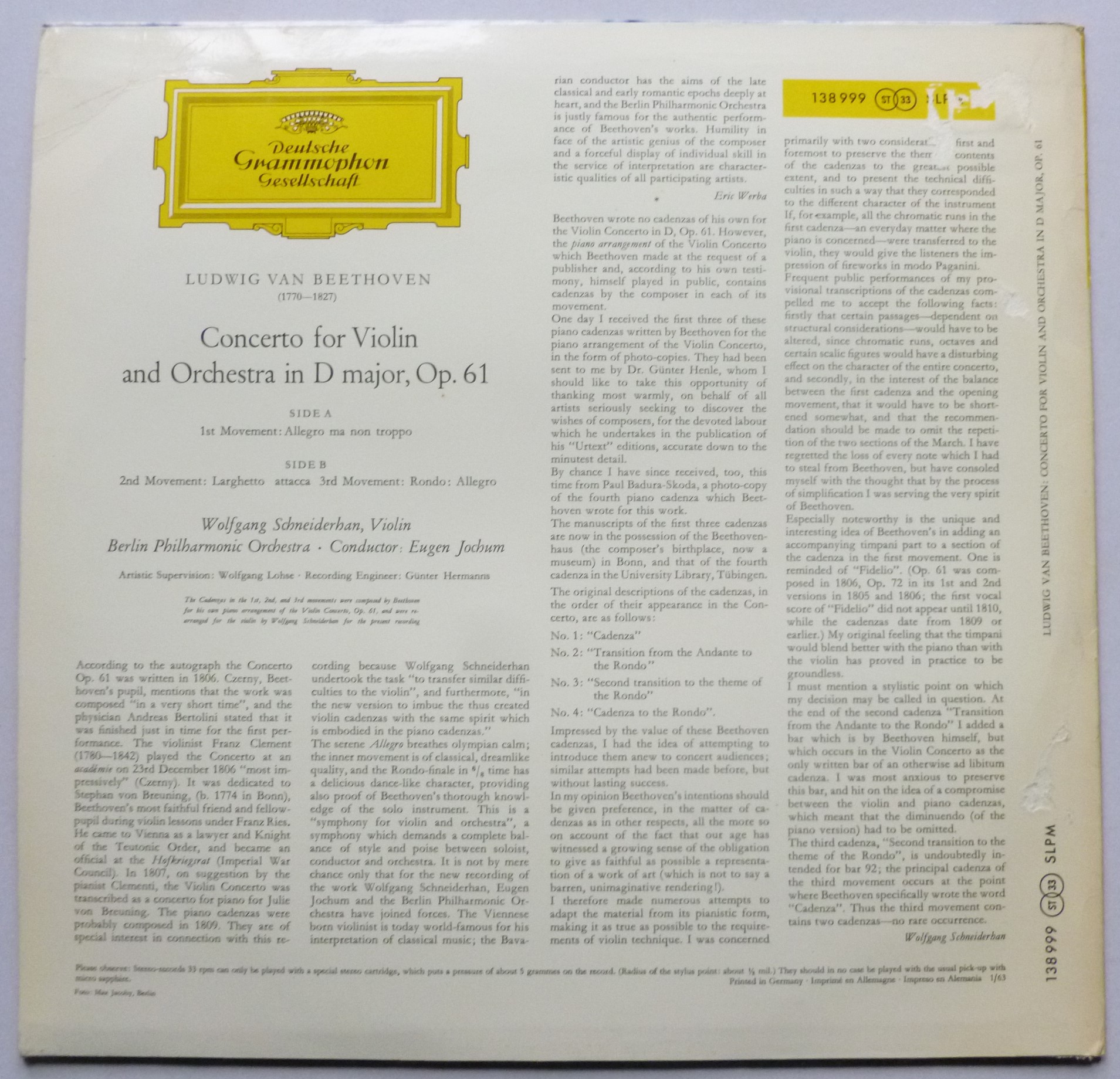 Wolfgang Schneiderhan Beethoven Concerto For Violin & Orchestra LP Deutsch Grammophon SLPM138999 EX/VG 1963 German pressing - vinyl is EX+ sleeve has sticker mark at top left corner on front and top right corner on rear - Image 2