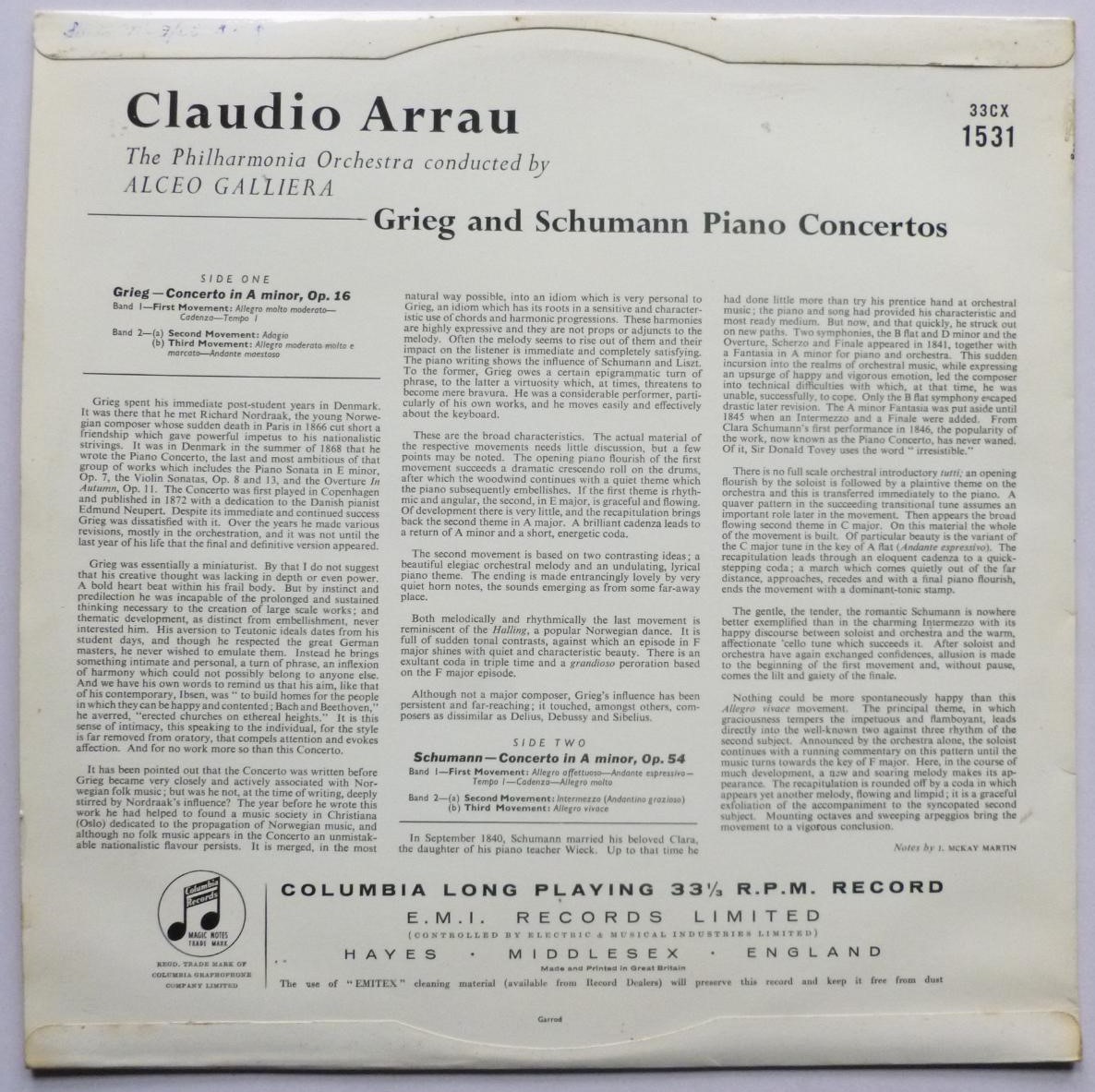 Claudio Arrau Grieg & Schumann LP Columbia 33CX1531 EX/EX 1950s blue gold label - there is faint writing on top flipback on rear - Image 2