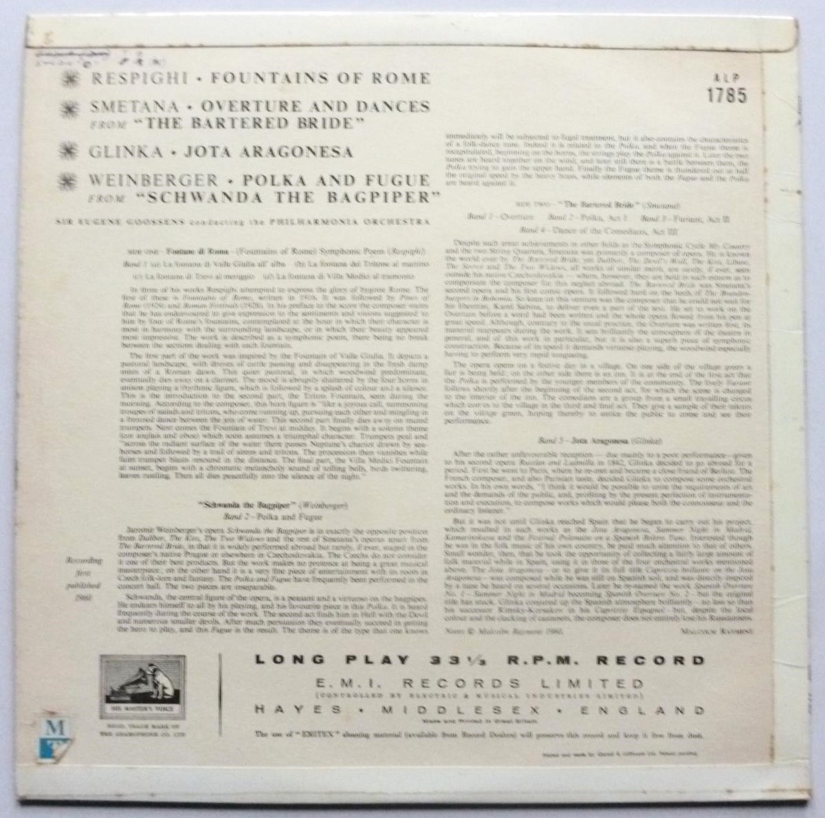 Eugene Goossens Respighi Fountains Of Rome LP HMV ALP1785 EX/EX 1960 semi circle label - sleeve has writing on rear - Image 2