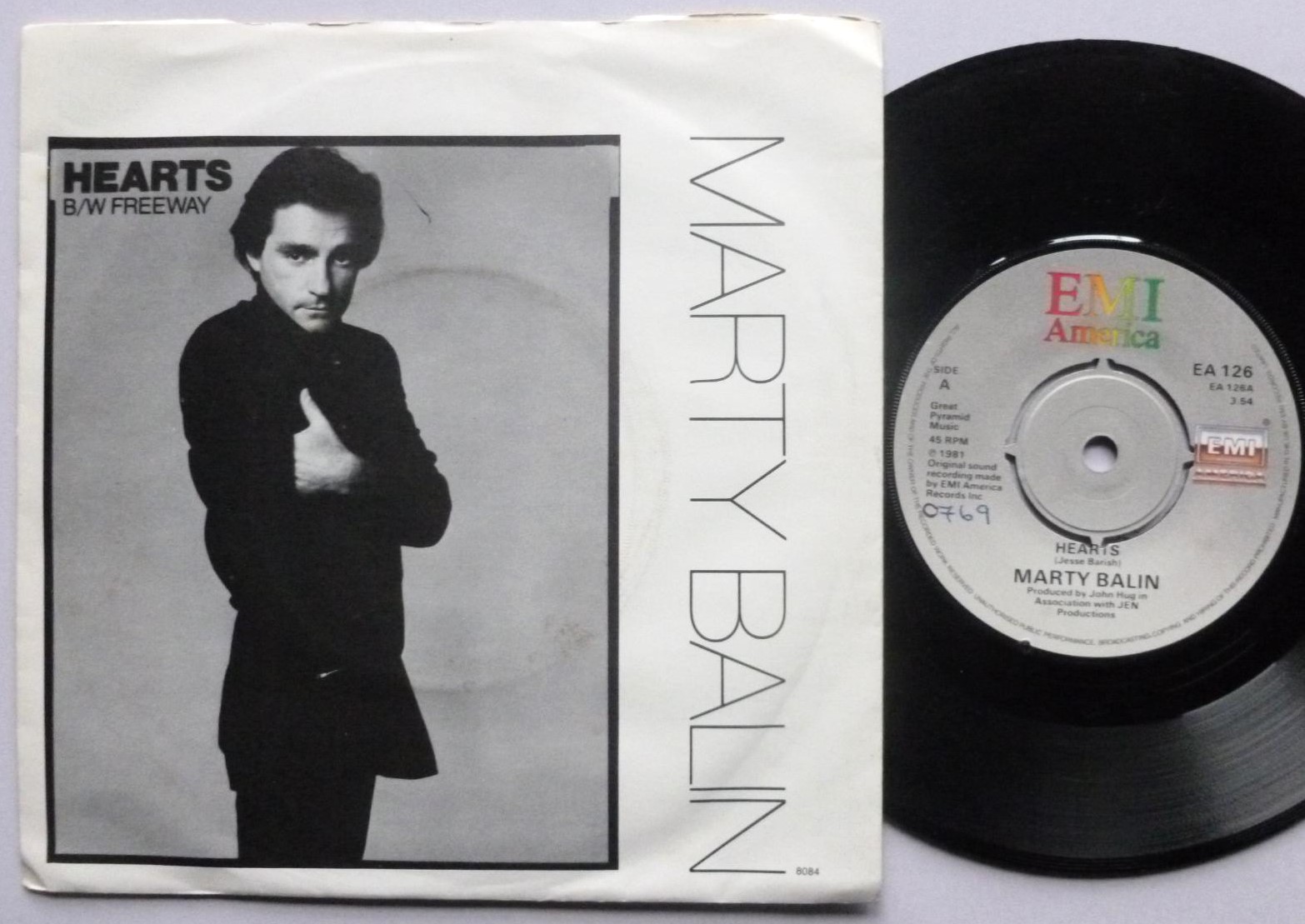 Marty Balin Hearts 7" EMI EA126 EX/VG 1981 picture sleeve - there is handwritten number on label and there is a 2mm drill hole in label rim