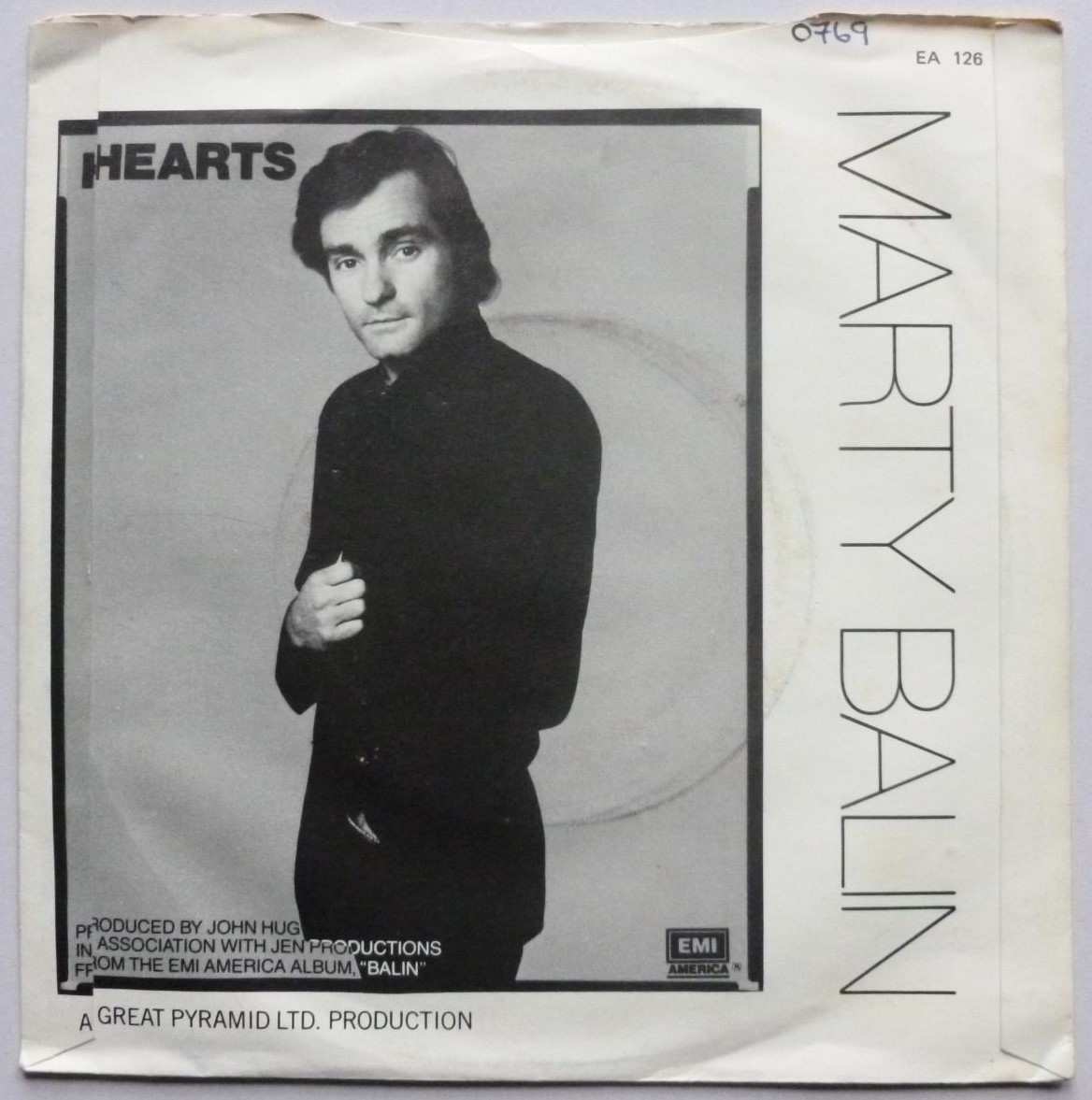 Marty Balin Hearts 7" EMI EA126 EX/VG 1981 picture sleeve - there is handwritten number on label and there is a 2mm drill hole in label rim - Image 3