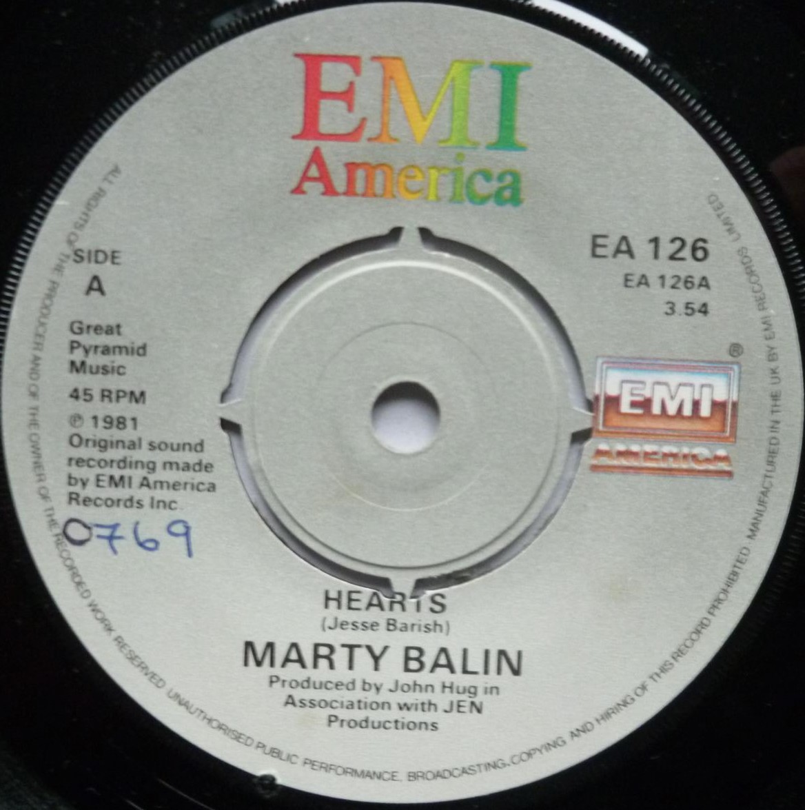 Marty Balin Hearts 7" EMI EA126 EX/VG 1981 picture sleeve - there is handwritten number on label and there is a 2mm drill hole in label rim - Image 4
