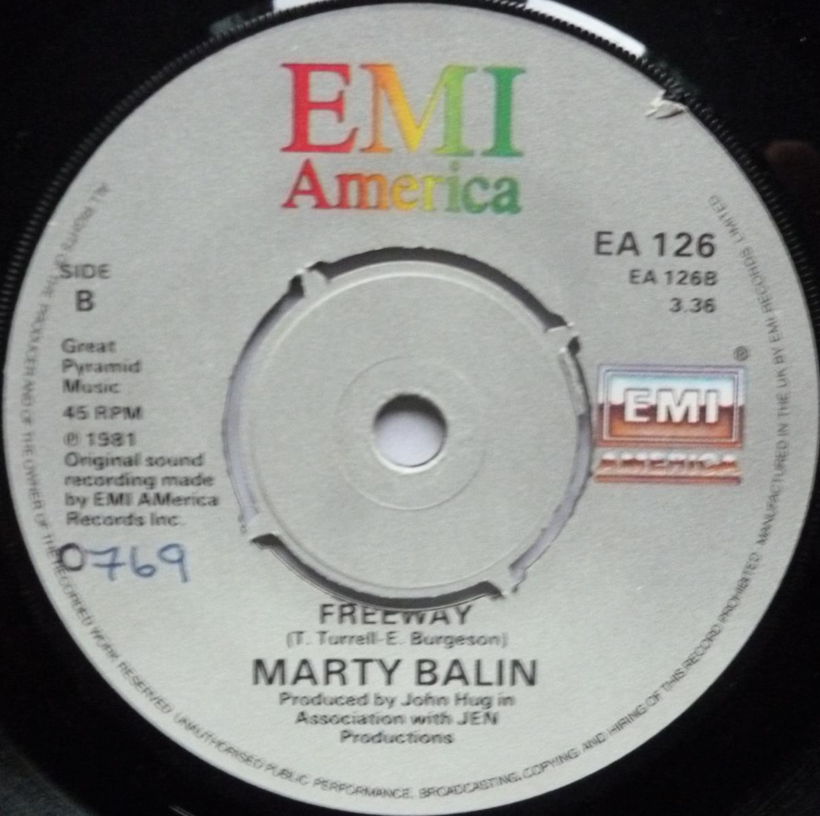 Marty Balin Hearts 7" EMI EA126 EX/VG 1981 picture sleeve - there is handwritten number on label and there is a 2mm drill hole in label rim - Image 5