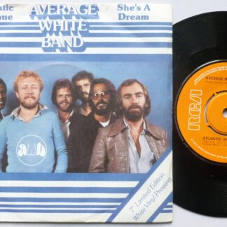 Average White Band Atlantic Avenue 7" RCA XB1061 EX/EX 1979 picture sleeve - there is a 2mm drill hole in label rim and there is handwritten number on label. It was meant to be on white vinyl but sticker on sleeve explains it is black vinyl due to manufacturing problems