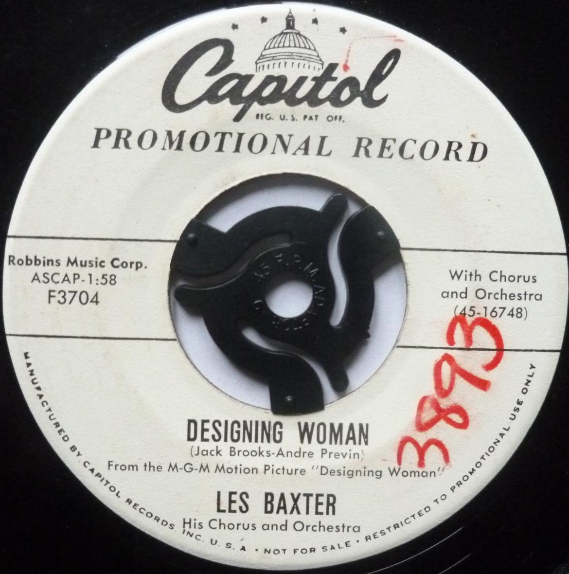 Les Baxter Designing Woman 7" Capitol F3704 VG 1950s US pressing - promo - there is large red felt-tip handwritten number on both sides of label