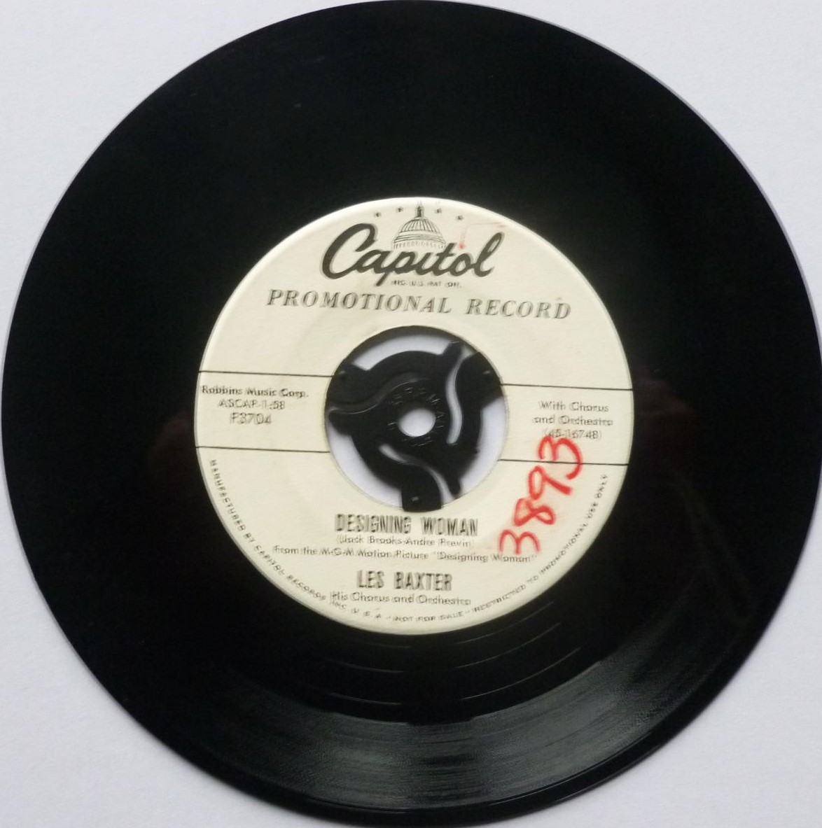 Les Baxter Designing Woman 7" Capitol F3704 VG 1950s US pressing - promo - there is large red felt-tip handwritten number on both sides of label - Image 2