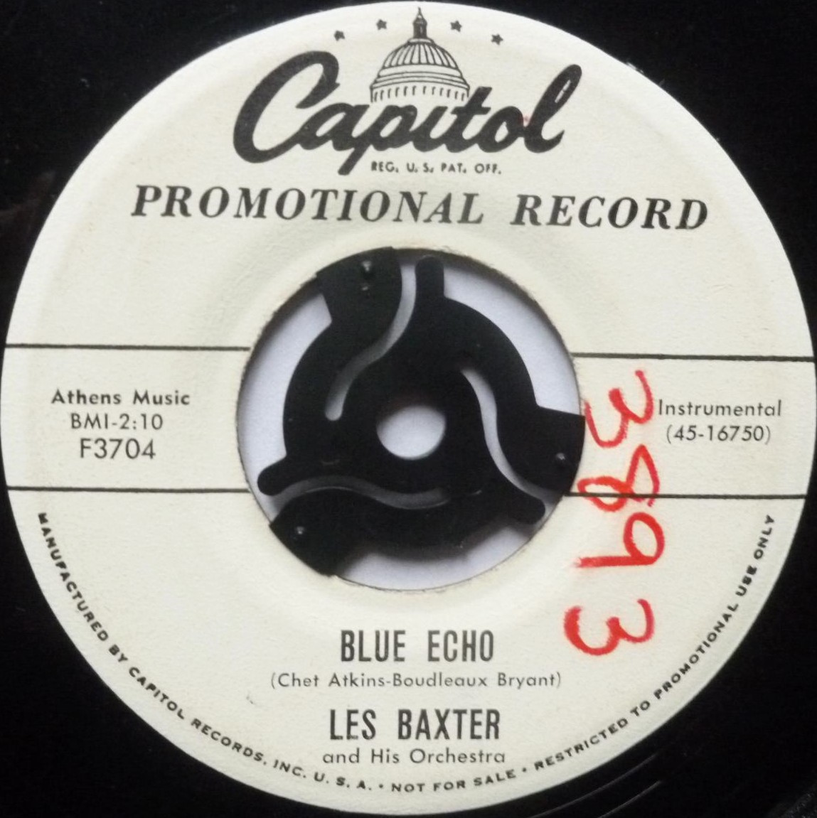 Les Baxter Designing Woman 7" Capitol F3704 VG 1950s US pressing - promo - there is large red felt-tip handwritten number on both sides of label - Image 3