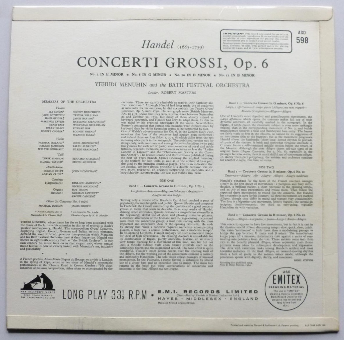 Yehudi Menuhin Handel Concerti Grossi Opus 6 Nos 3-6-10-12 LP HMV ASD598 EX/EX 1964 red semi-circle labels - sleeve has minor finger crease at front opening - Image 2