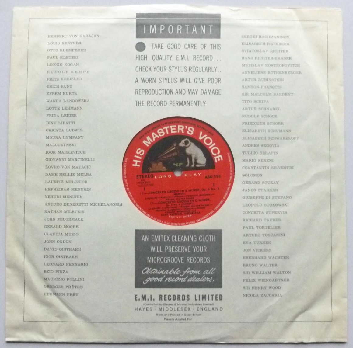 Yehudi Menuhin Handel Concerti Grossi Opus 6 Nos 3-6-10-12 LP HMV ASD598 EX/EX 1964 red semi-circle labels - sleeve has minor finger crease at front opening - Image 3