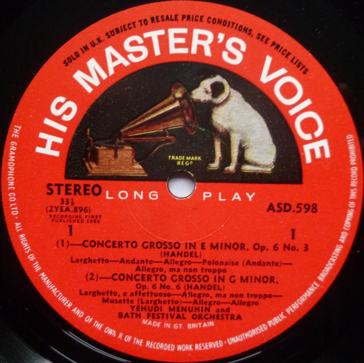 Yehudi Menuhin Handel Concerti Grossi Opus 6 Nos 3-6-10-12 LP HMV ASD598 EX/EX 1964 red semi-circle labels - sleeve has minor finger crease at front opening - Image 5