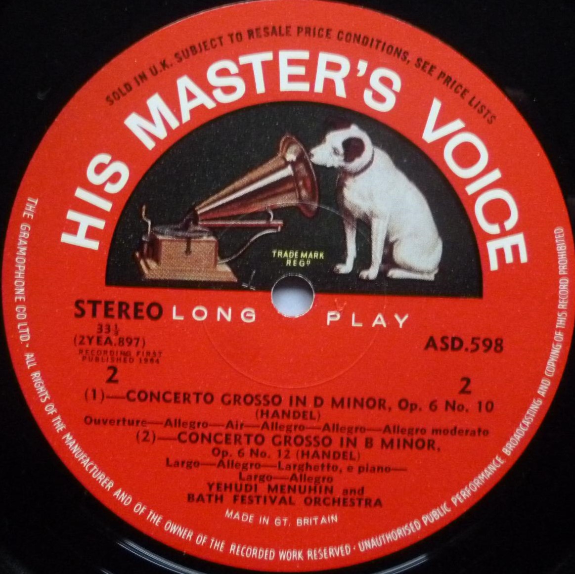 Yehudi Menuhin Handel Concerti Grossi Opus 6 Nos 3-6-10-12 LP HMV ASD598 EX/EX 1964 red semi-circle labels - sleeve has minor finger crease at front opening - Image 6