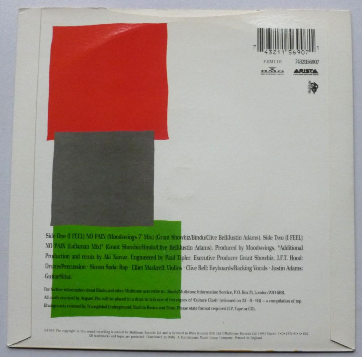 Bindu I Feel No Pain 7" Arista 156907 EX/EX 1993 picture sleeve, a-side is Moodswings 7" Mix, b-side is Lallaman Mix - Image 3