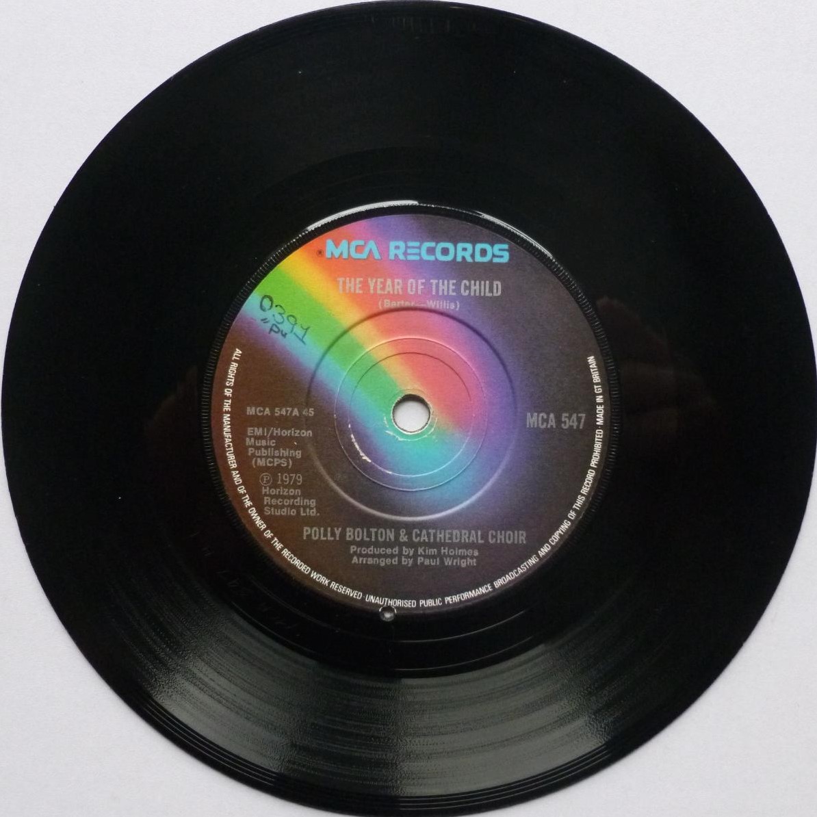 Polly Bolton Year Of The Child 7" MCA MCA547 EX 1979 a-side with the Cathedral Choir - b-side by Coventry Cathedral Choristers - 2mm drill hole in label rim and handwritten number on label