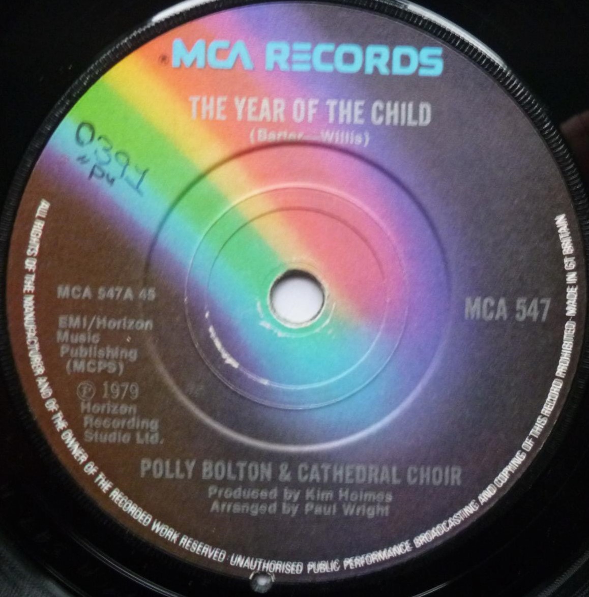 Polly Bolton Year Of The Child 7" MCA MCA547 EX 1979 a-side with the Cathedral Choir - b-side by Coventry Cathedral Choristers - 2mm drill hole in label rim and handwritten number on label - Image 2