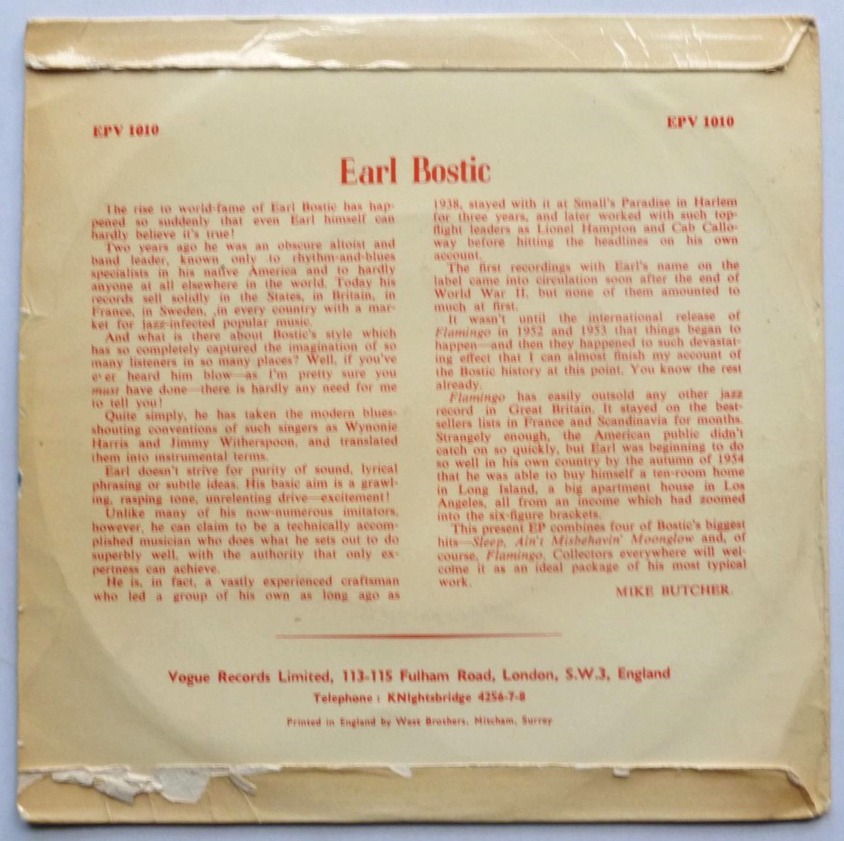Earl Bostic Flamingo EP Vogue EPV1010 VG/G 1950s 7" EP in picture sleeve - record plays well - writing on side two label - sleeve is quite tatty - Image 3