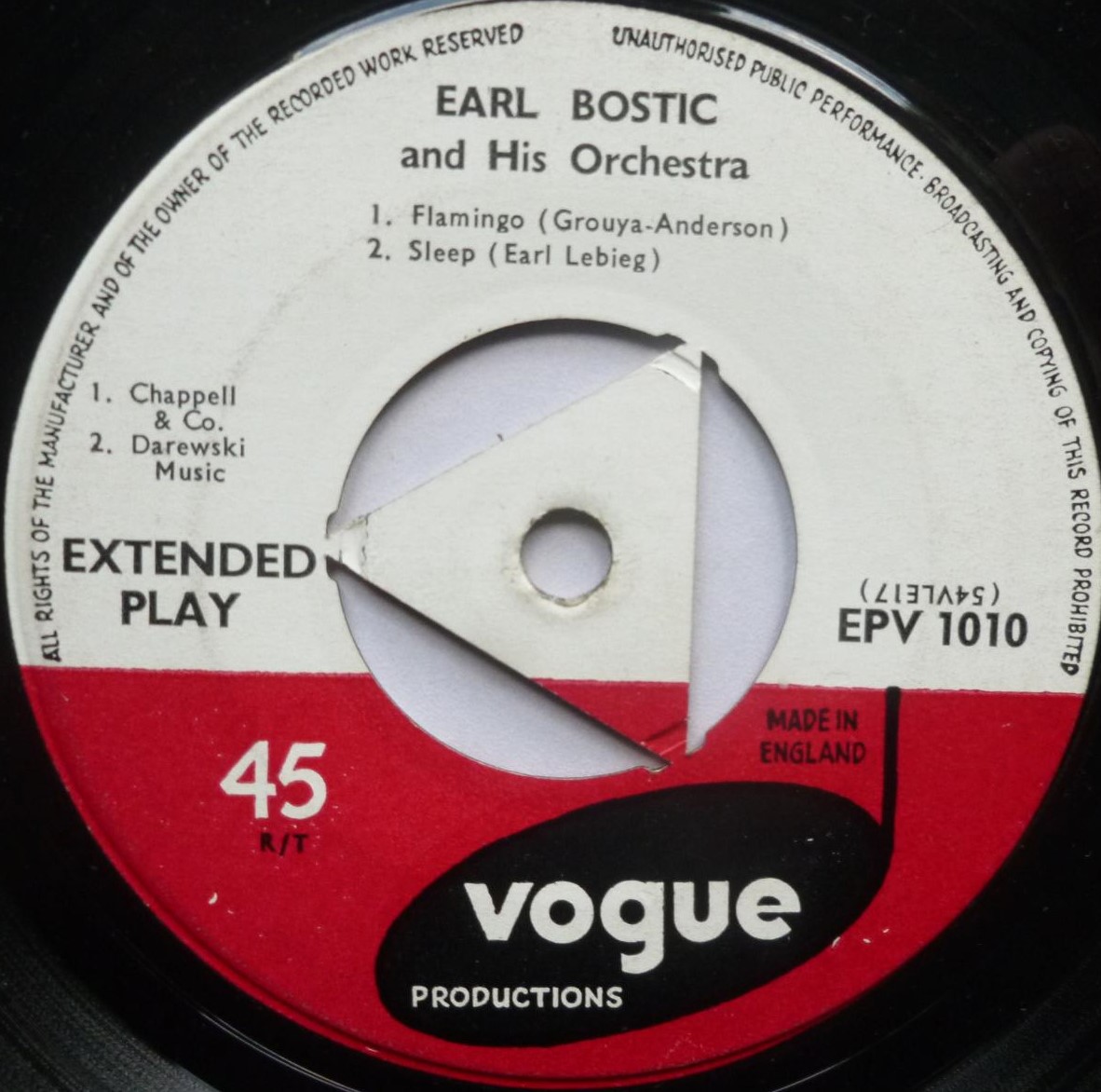 Earl Bostic Flamingo EP Vogue EPV1010 VG/G 1950s 7" EP in picture sleeve - record plays well - writing on side two label - sleeve is quite tatty - Image 4