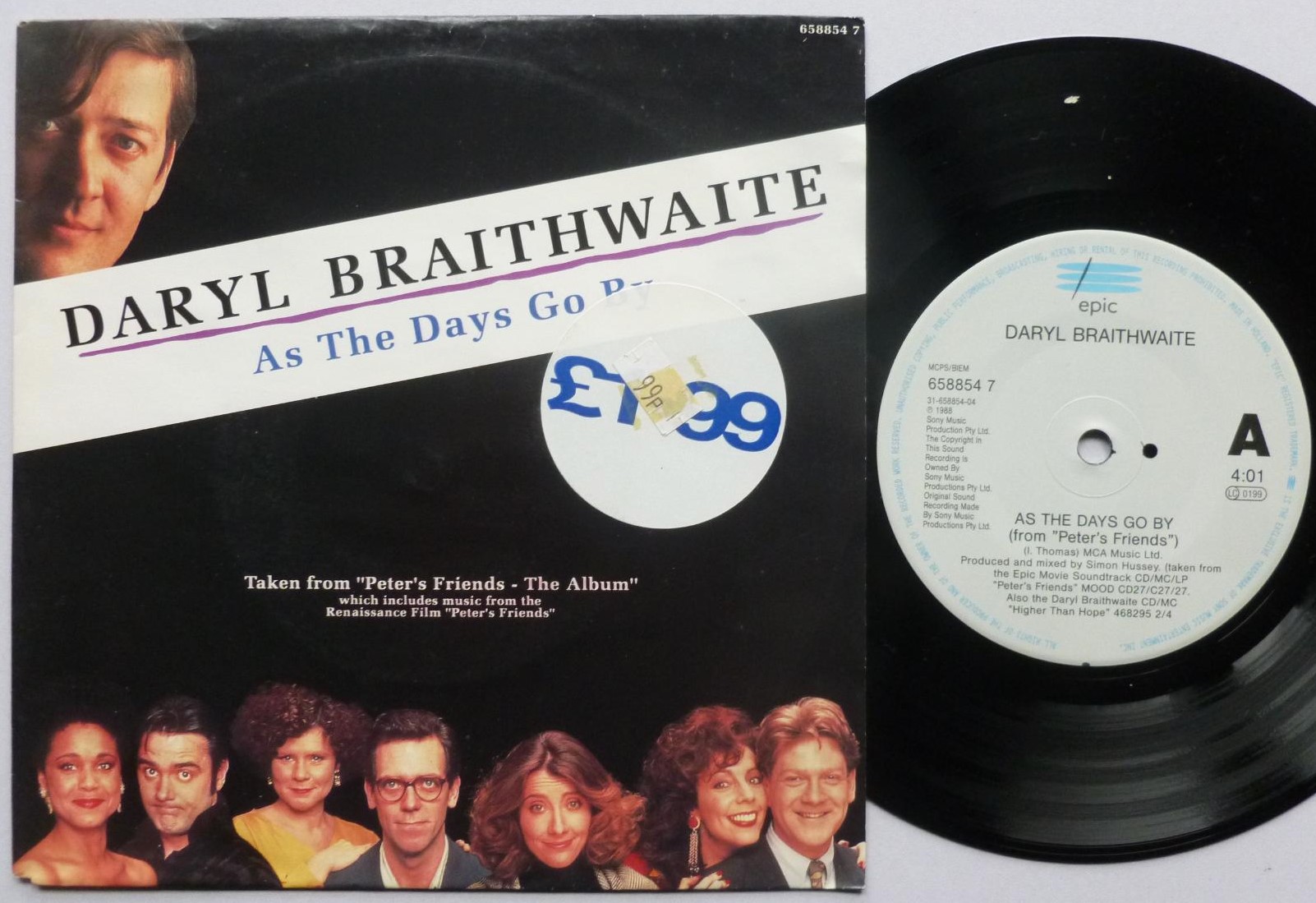 Daryl Braithwaite As The Days Go By 7" Epic 6588547 EX/EX 1992 picture sleeve has price sticker on front - made in Holland