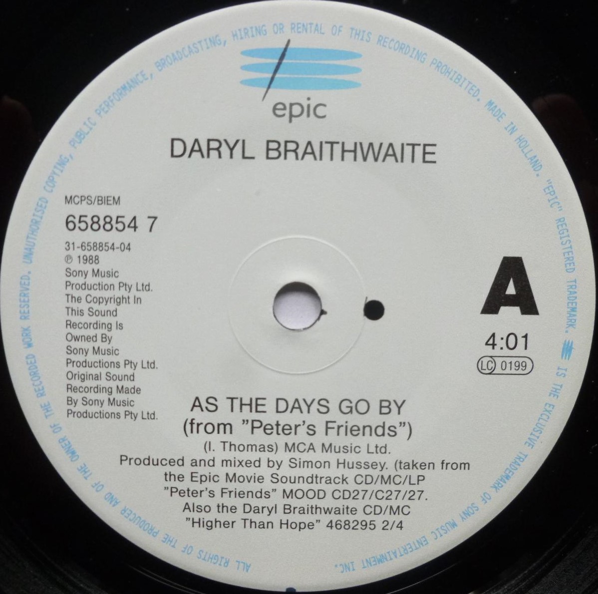 Daryl Braithwaite As The Days Go By 7" Epic 6588547 EX/EX 1992 picture sleeve has price sticker on front - made in Holland - Image 4