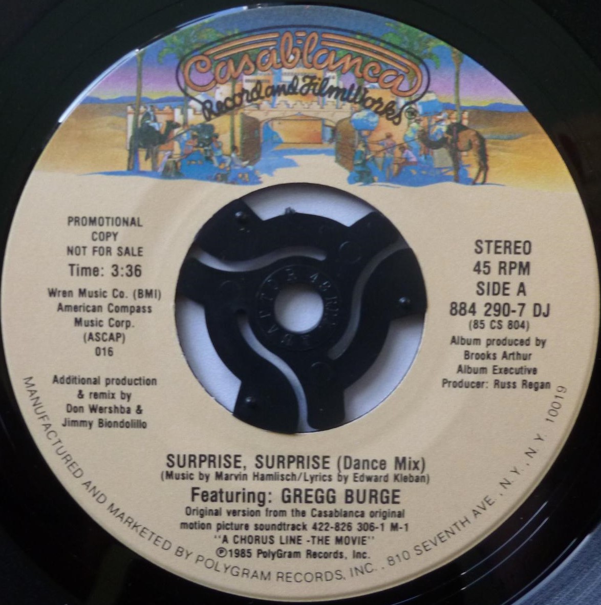 Greg Burge Surprise Surprise (Dance Mix) 7" Casablanca 8842907DJ EX/VG 1985 US pressing - promo - picture sleeve has sticker on front - Image 4