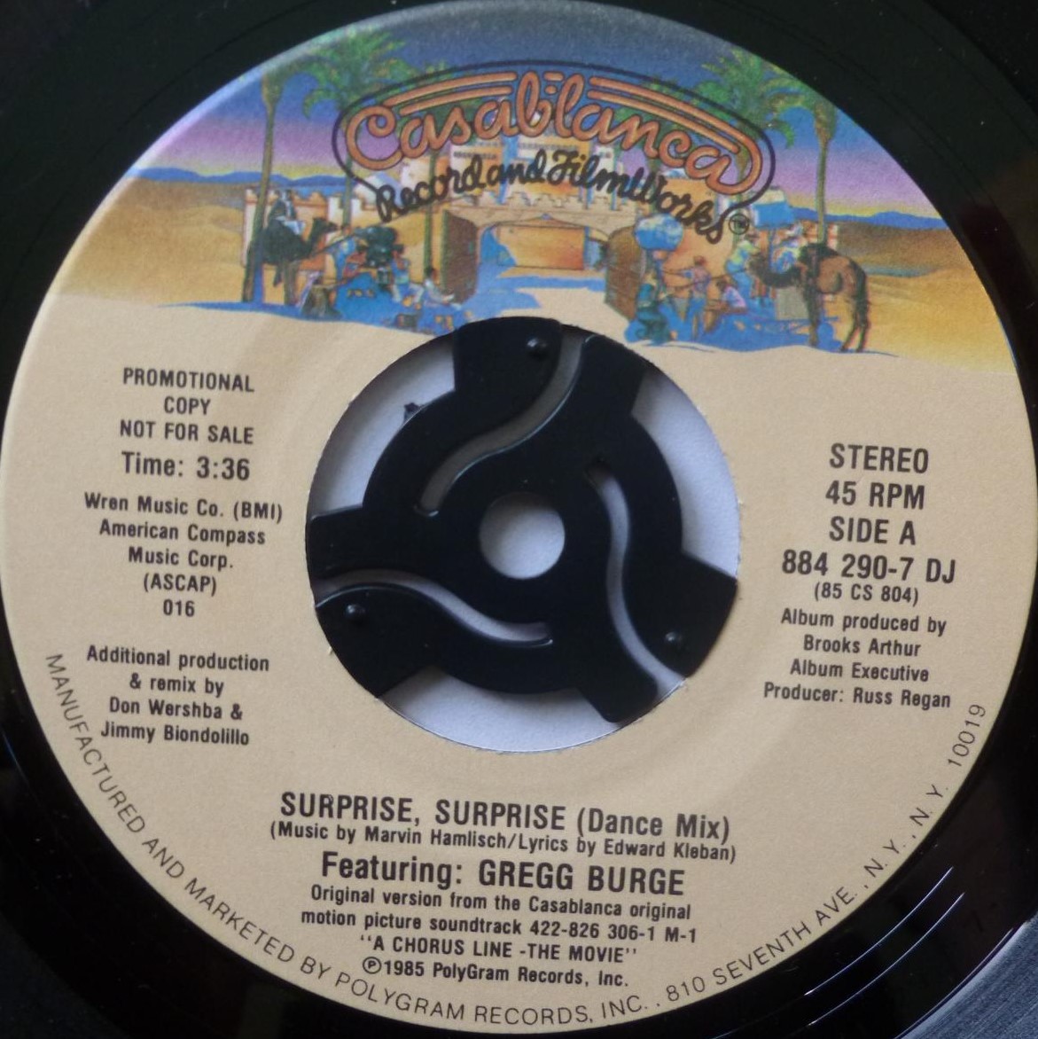 Greg Burge Surprise Surprise (Dance Mix) 7" Casablanca 8842907DJ EX/VG 1985 US pressing - promo - picture sleeve has sticker on front - Image 5