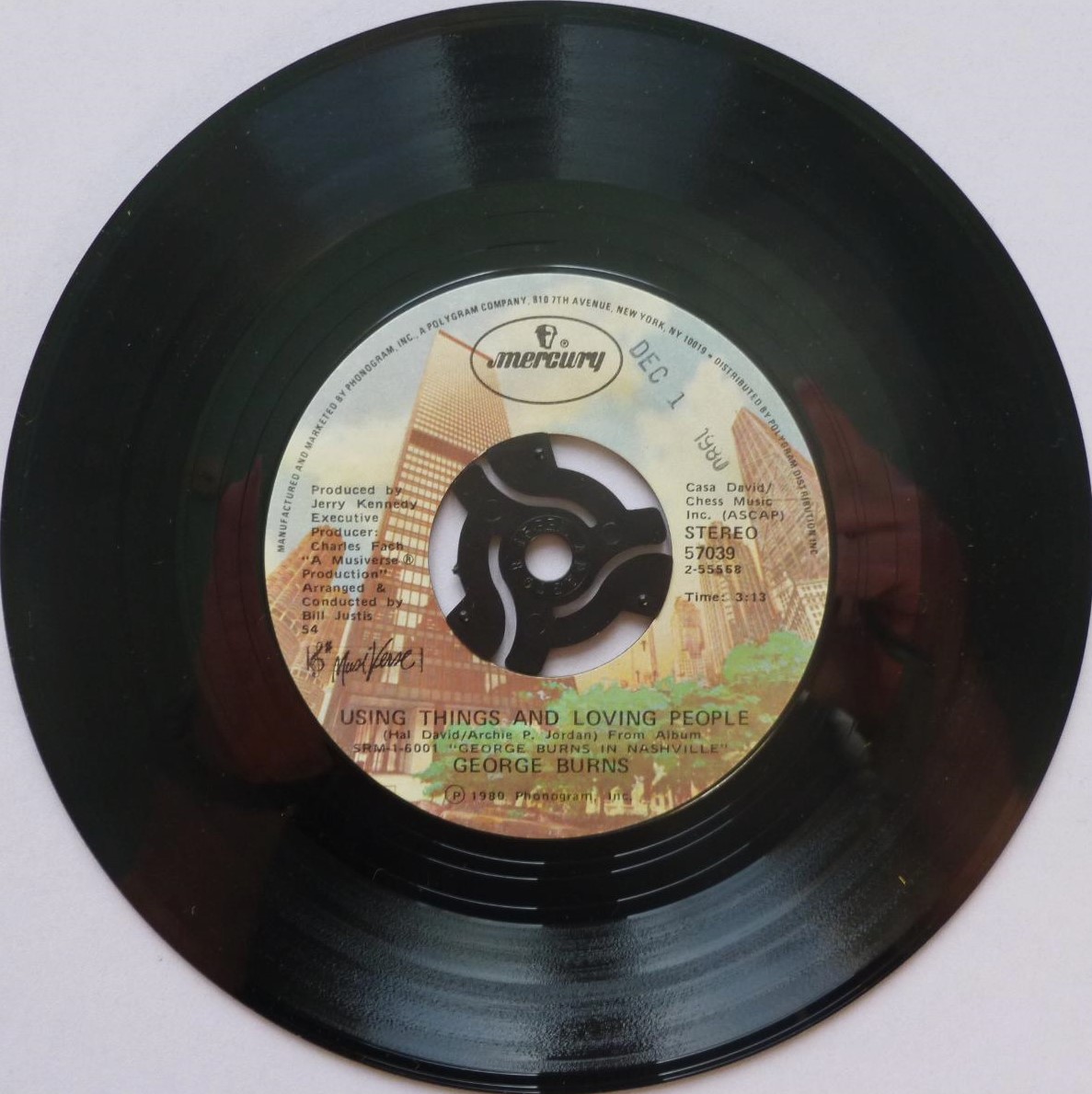 George Burns Using Things And Loving People 7" Mercury 57039 EX 1980 US pressing with date stamp on label