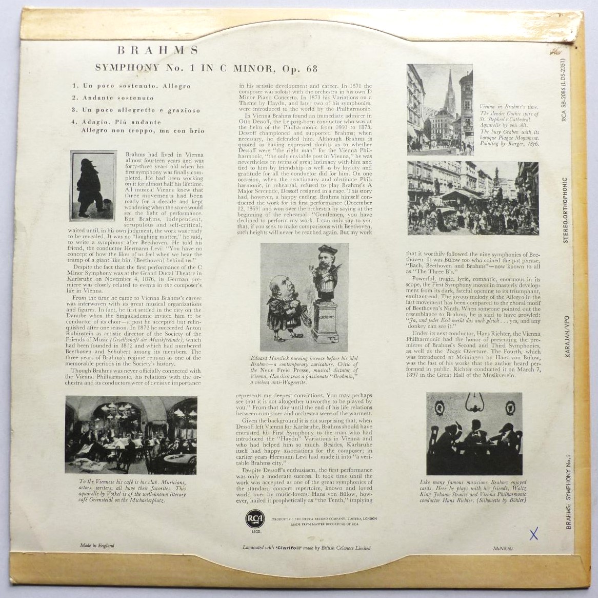 Herbert Von Karajan Brahms Symphony No 1 LP RCA SB2086 VG/VG 1959 sleeve has small piece missing top right corner on front and there is handwritten X on rear of sleeve - Image 2