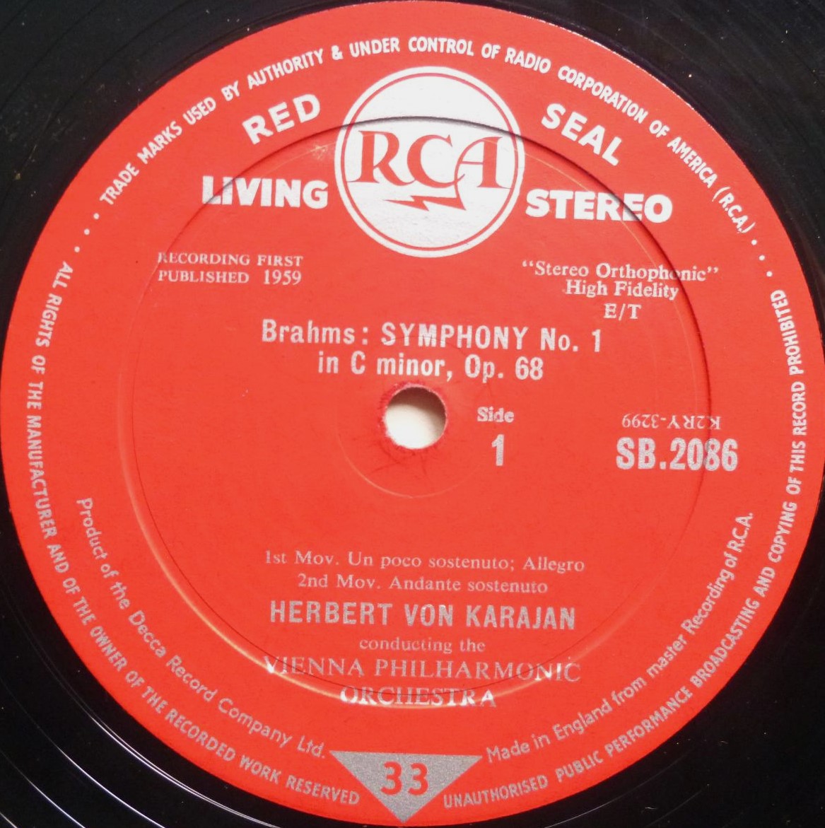 Herbert Von Karajan Brahms Symphony No 1 LP RCA SB2086 VG/VG 1959 sleeve has small piece missing top right corner on front and there is handwritten X on rear of sleeve - Image 3